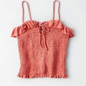 AE | Coral Lace Up Ruffle Smocked Crop Top